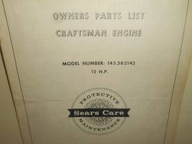 142.582142 Craftsman 691884 12 H.p. Engine Model Owners Parts List Manual