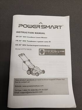 Ps76826 Powersmart 26 Inch 80v Cordless Lawn Mower Owners Instruction Manual Model #