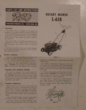 L-618 Reo Wheelhorse Rotary Mower Model Parts List And Instuctions 1965