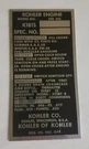 Kohler K181S Engine Id Plate - Brand New! / Antique Vintage Garden Tractor. Fixed Price $35.00.